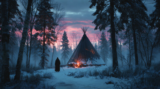 Traditional Sami lavvu tent glowing warmly at dusk in a snowy forest clearing with a herder silhouette and campfire under a pink and blue twilight sky