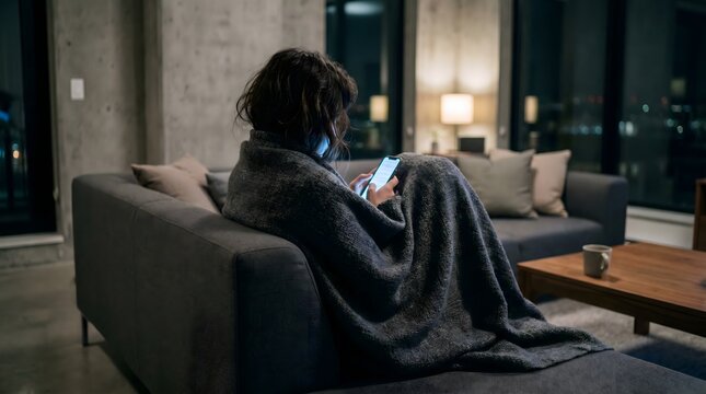 Technology addiction and sleep disorder concept with woman looking at bright phone screen wrapped in cozy blanket