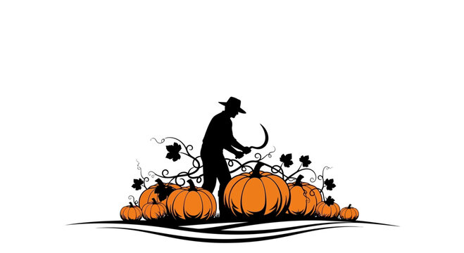 Silhouette of a farmer harvesting pumpkins with a sickle in a field.