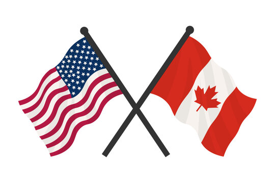 Waving flags of Canada and USA crossed on white background, illustrating strong North American relations.