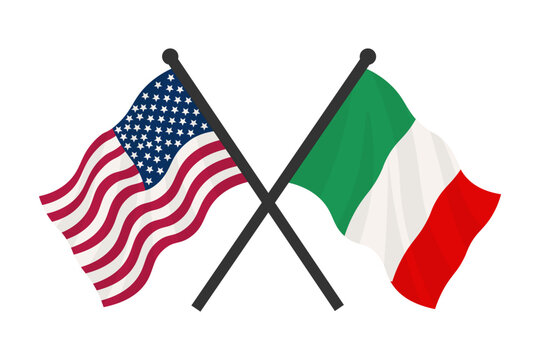 USA and Italy crossed flags. American and Italian flags waving on flagpoles, symbolizing partnership and diplomacy.