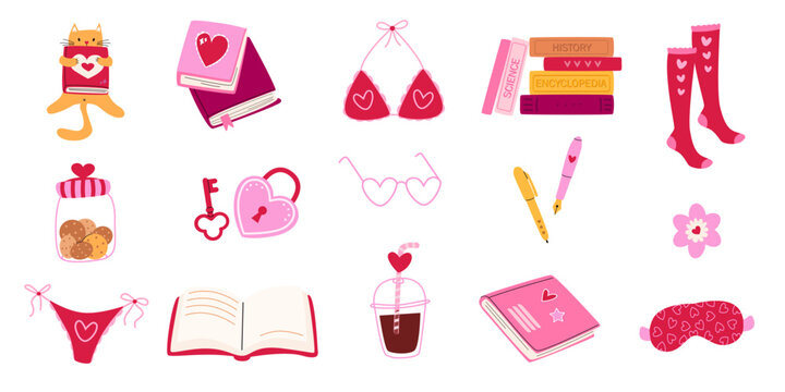 Cute Valentine's Day vector collection with romantic elements. Hearts, gifts, coffee, books, socks, sweets. Objects for cards, stickers, patterns, invitations and seasonal designs.