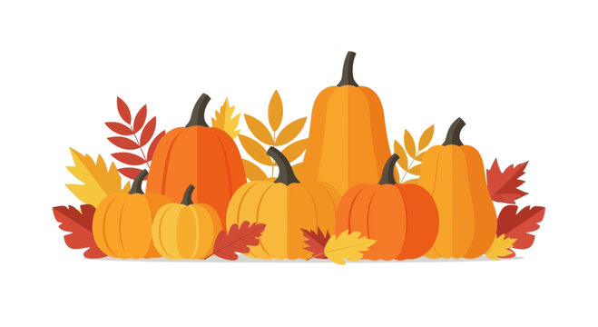 A festive arrangement of various orange pumpkins and colorful autumn leaves.