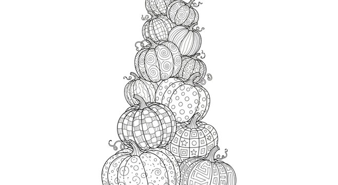 A tall decorative stack of intricately patterned pumpkins for autumn coloring.