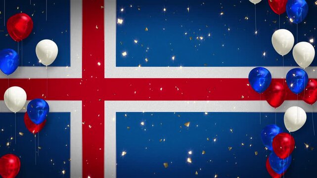 Loop, winner, award. Icelandic flag background. Anniversary, celebration, event, vibrant animation. Sparkling confetti, red, white, and blue balloons. Video with copy space. Iceland.