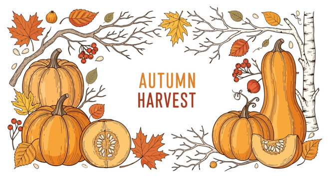 Hand drawn autumn harvest illustration with pumpkins and fall leaves.