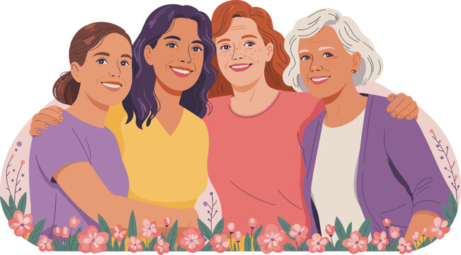 Diverse group of multi generational women hugging together, female empowerment concept with floral garden