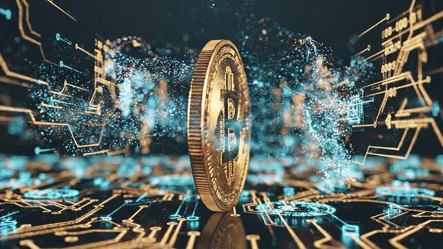 Golden Bitcoin Rotating in Futuristic Blockchain Network with Digital Data Flow and Financial Technology Concept