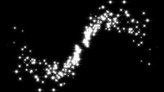 Glittering light line sparkle tail, particle line move light effect, 4k animation video, White glowing twinkling glitter flat vector doodle star,black screen background.