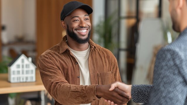 Handsome cheerful african american man shaking hand deal with a executive business man, Real Estate Investment concept, house and condo model background.