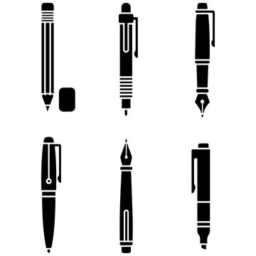 Writing instruments collection including pens pencils markers and fountain pens vector set.