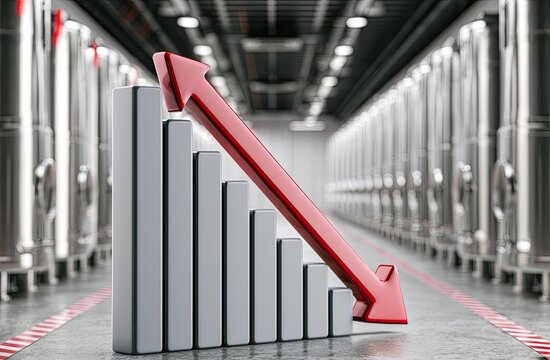 A downward trending bar graph with a red arrow in a modern industrial facility