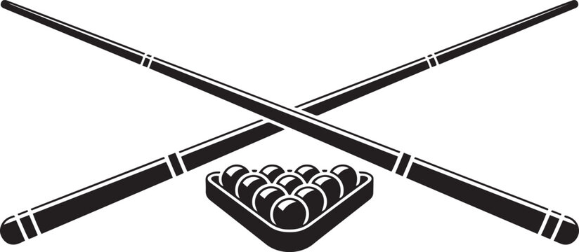 Crossed billiard cues and pool ball set. Symbol, emblem of billiard competition. Black icon silhouette vector