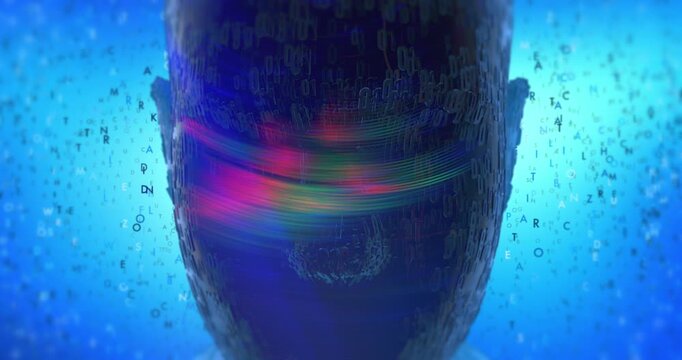 Deep learning computer science concept with abstract glowing robot head background. Loopable Abstract Background Animation.
