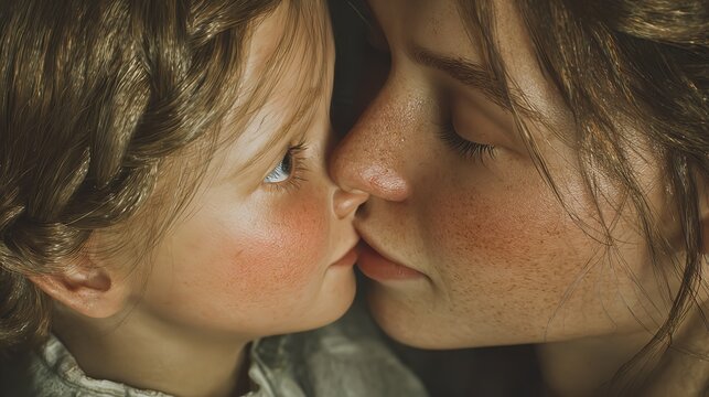 A loving mother smiles while kissing her young son on the cheek as a happy family sharing a moment of pure joy together