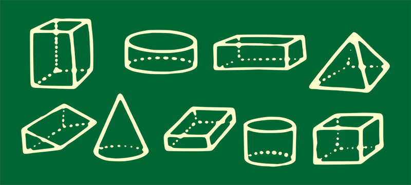 Hand drawn 3d geometry shapes pack displaying comprehensive collection of three dimensional mathematical measurement diagrams for school education textbook template isolated clip art.