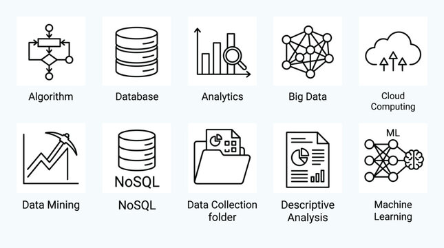 Machine learning and artificial intelligence icon set for data mining algorithm and big data analysis line.