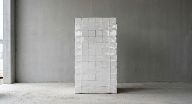 Wrapped stack of white construction blocks inside unfinished room