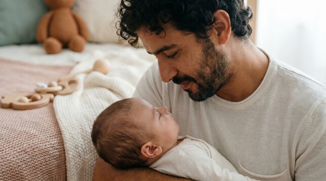 Generado por IA: Un padre hispano abrazando tiernamente a su beb&eacute; reci&eacute;n nacido en casa. Concepto del D&iacute;a del Padre, amor familiar y paternidad