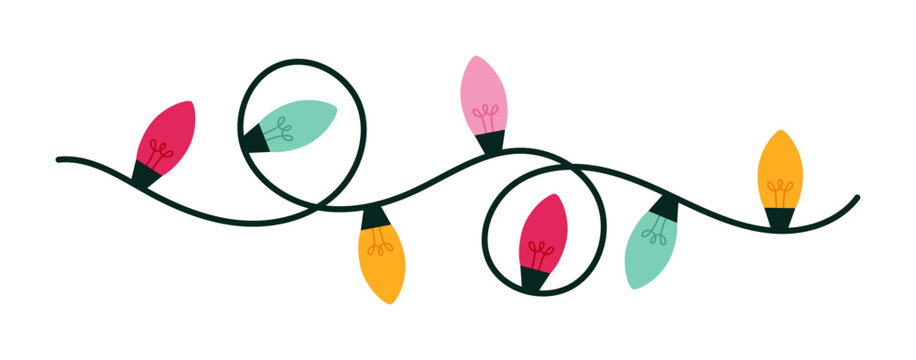 Christmas Lights Vector Illustration. Festive Christmas String Lights Decoration for Xmas Greeting Card, Holiday Cover, Background, Banner, Border.