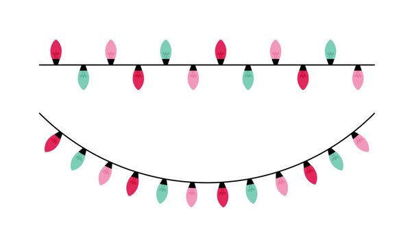 Festive Christmas String Lights Vector Illustration, Xmas Fairy Light Decoration for Holiday Greeting Card, Cover, Banner, Border and Background.