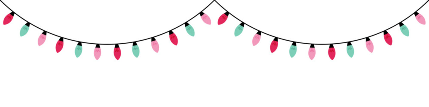Christmas Lights Vector Illustration. Festive Xmas String Lights for Christmas Border, Greeting Card, Background, Banner. Colourful Christmas Fairy Lights Isolated on Transparent Background.