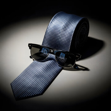Modern blue textured necktie and black classic sunglasses on grey surface.