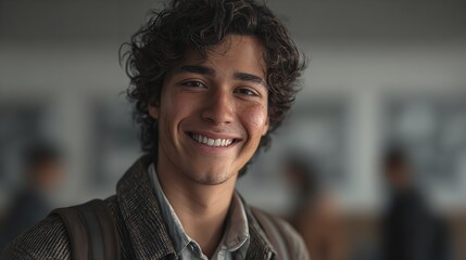 Fototapeta premium A confident handsome young African American man with a casual smile poses for a close-up portrait expressing youth and happiness