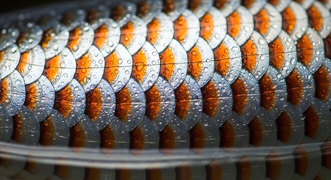 Close-up macro shot of detailed fish scales with orange and silver patterns