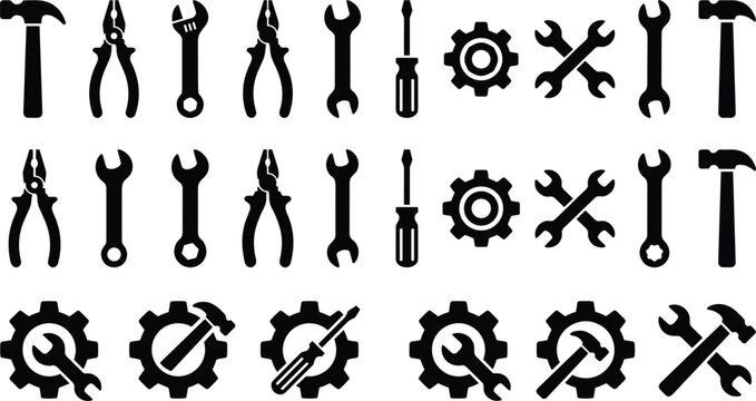 Industrial Work Tools and Settings Icon Set with Black Silhouette Construction Symbols for Home Repair, Hardware Store, and Engineering App Interfaces