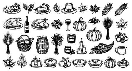Thanksgiving Holiday Celebration Collection with Roast Turkey Pumpkin Pie and Harvest Food Vector Illustration © RUBINA