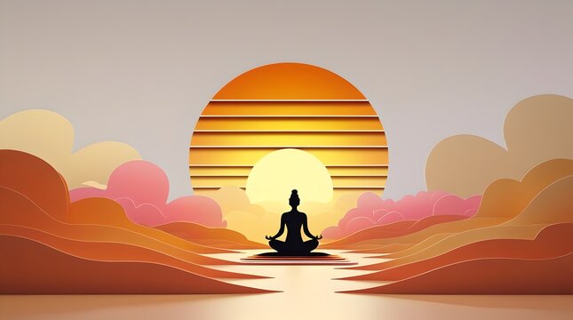 Retro poster illustration for International Yoga Day with silhouette of a person meditating.