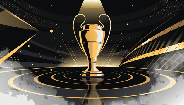 Golden trophy award in a futuristic digital environment