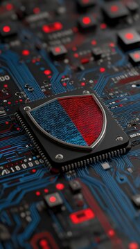 Glowing digital shield on dark blue circuit board with binary code and alphanumeric characters in a high-tech setting