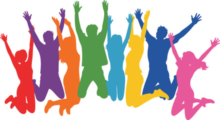 Happy jumping people colorful silhouette vector illustration with group of friends celebrating togetherness © RENYRANI