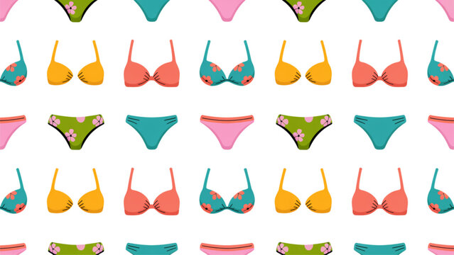 Seamless pattern with colorful pixel art bikini swimsuits for summer vacation fashion Vector