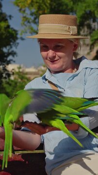 Woman feeding green monk parakeets in city park in Barcelona Spain, vertical lifestyle footage of tourist interacting with friendly exotic birds in warm summer sunlight