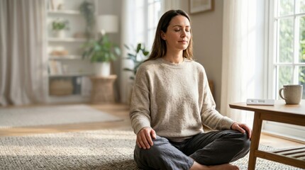 Fototapeta premium Woman practicing slow breathing meditation in sunlit living room