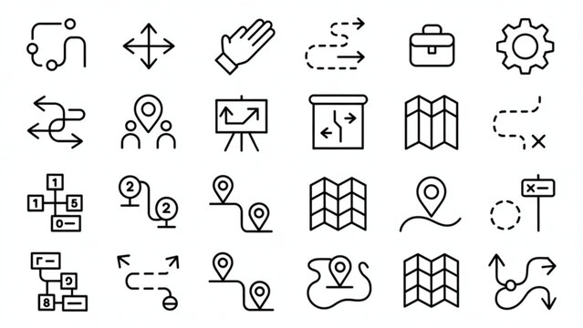 Set of black and white line icons for business and technology user interface design Vector
