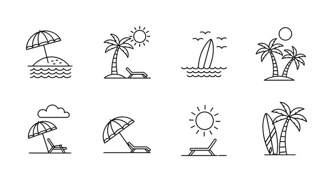 Set of beach and summer holiday vacation line icons.