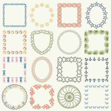 Adobe Illustrator Nautical and Summer Decorative Border Frames Icon Set: Marine Elements, Tropical Leaves, and Coastal Ornaments