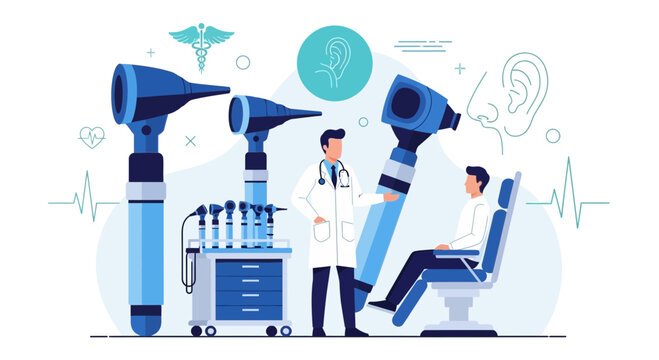 Otolaryngologist examining patient with otoscope, ENT medical equipment illustration