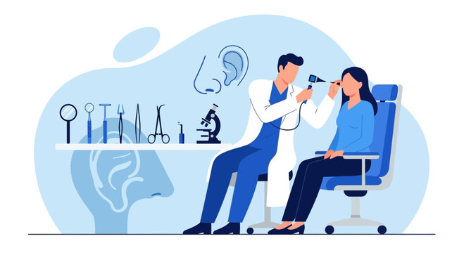 Otolaryngologist examining patient's ear with otoscope, medical instruments on shelf