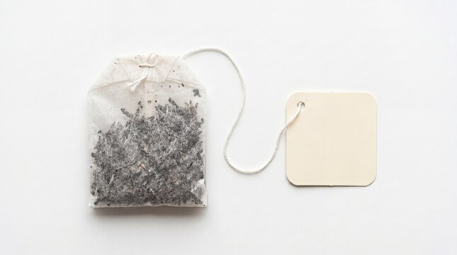 Single lavender herbal tea bag with a blank paper tag