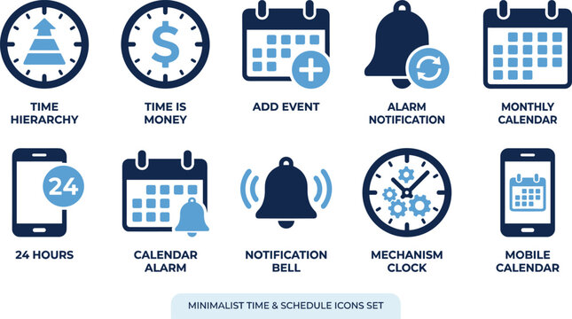 Minimalist time and schedule icons set with clocks calendars and notification bells for planning.