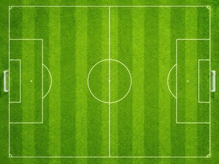 Obraz premium Top Down Striped Green Soccer Pitch With Center Circle, Clean Field Lines And Professional Football Background 