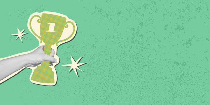 Human hand holding a champion trophy in retro collage style on green background. Vector illustration representing football victory, sports success and achievement award.	