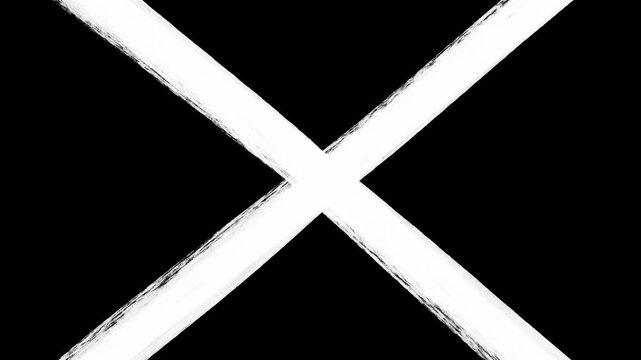 Animated Stop Motion cross lines element. White rough brush strokes isolated on black. Craft texture thick line matte mask for creative transition cuts.