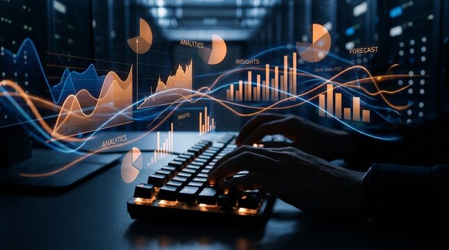 Hands typing on a keyboard with vibrant orange and blue analytics charts, wave graphs, and data forecast visualizations floating in a dark server room.