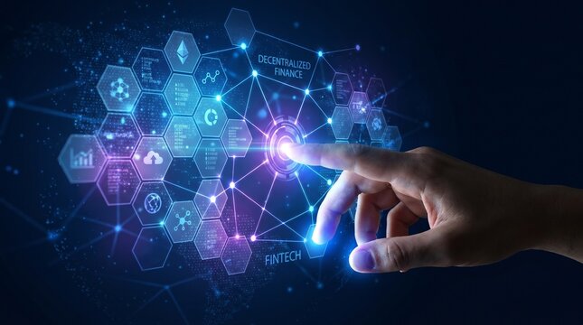 Human hand pressing a glowing node on a decentralized finance and fintech network with Ethereum, cloud, and hexagonal data icons on dark blue background.